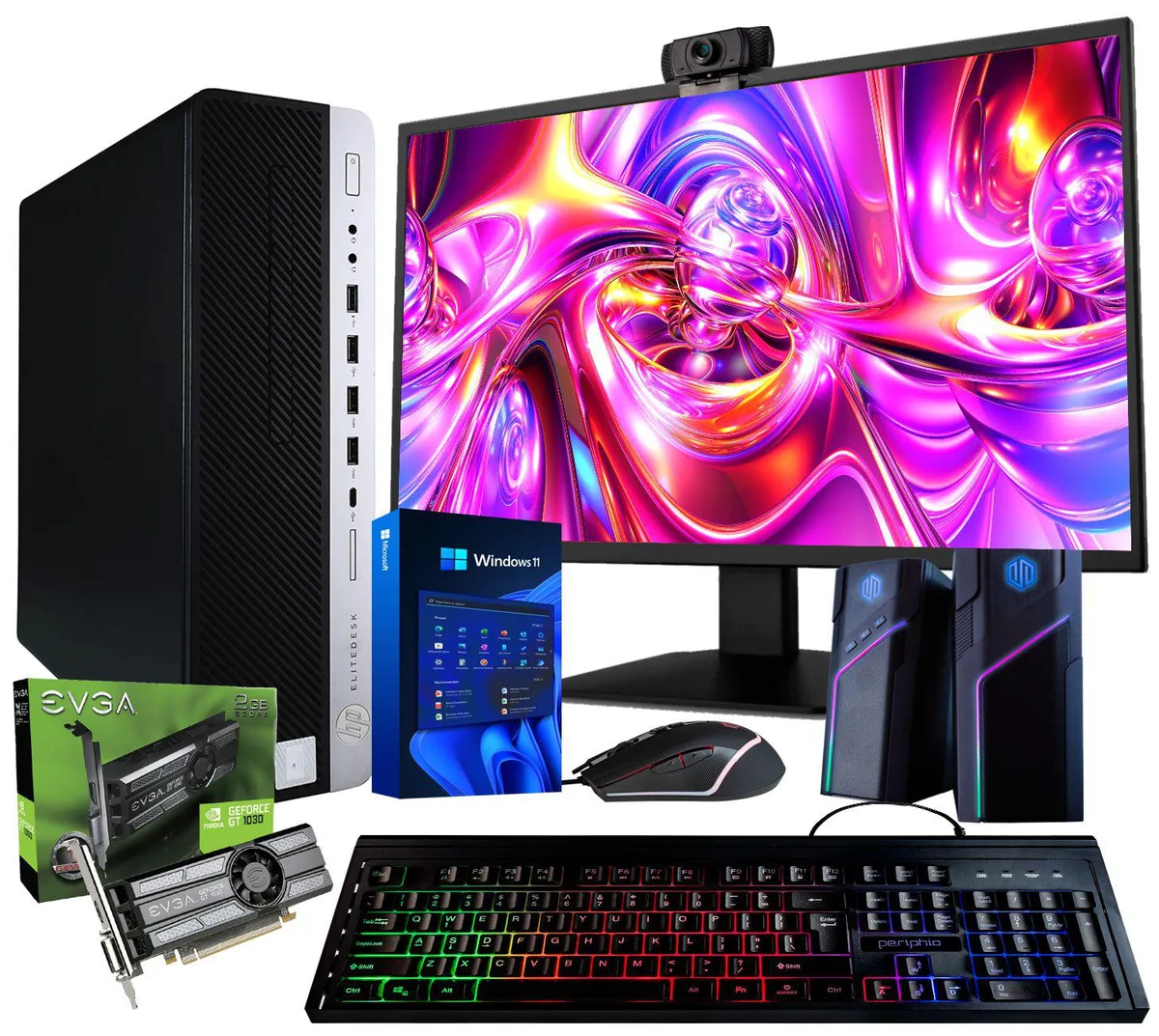 Black HP EliteDesk 800G4 tower with 22" monitor, keyboard and mouse
