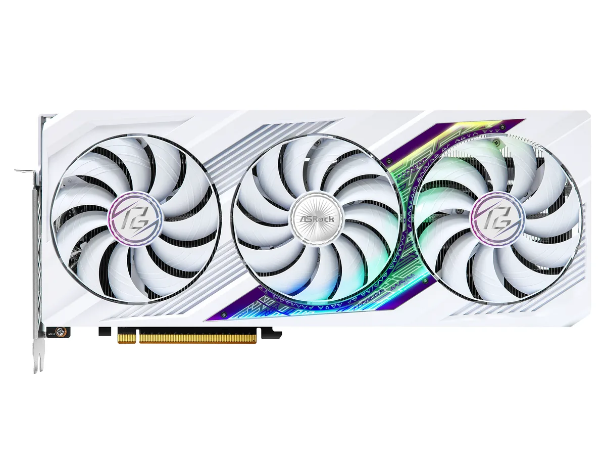 White triple-fan graphics card, 330 mm long, 2.8-slot width