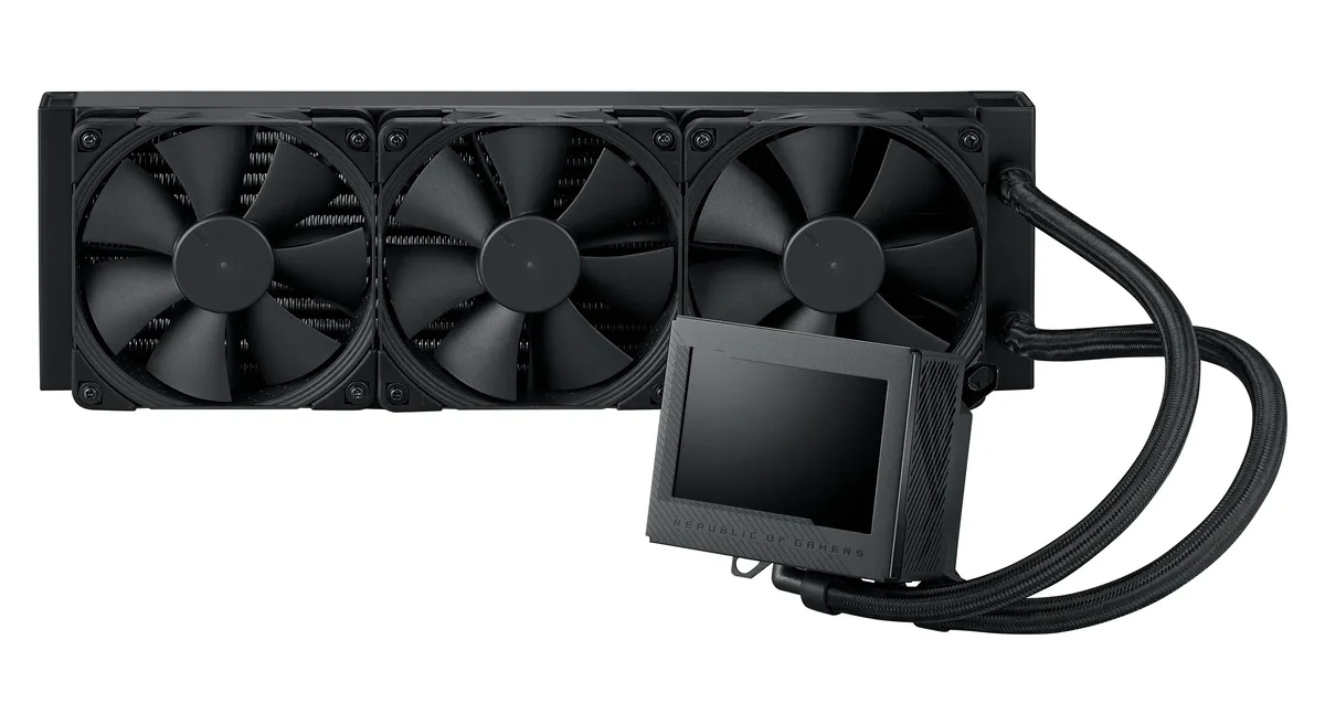 Black 360 mm radiator with three 120 mm fans and a square water block featuring a 3.5 inch LCD screen