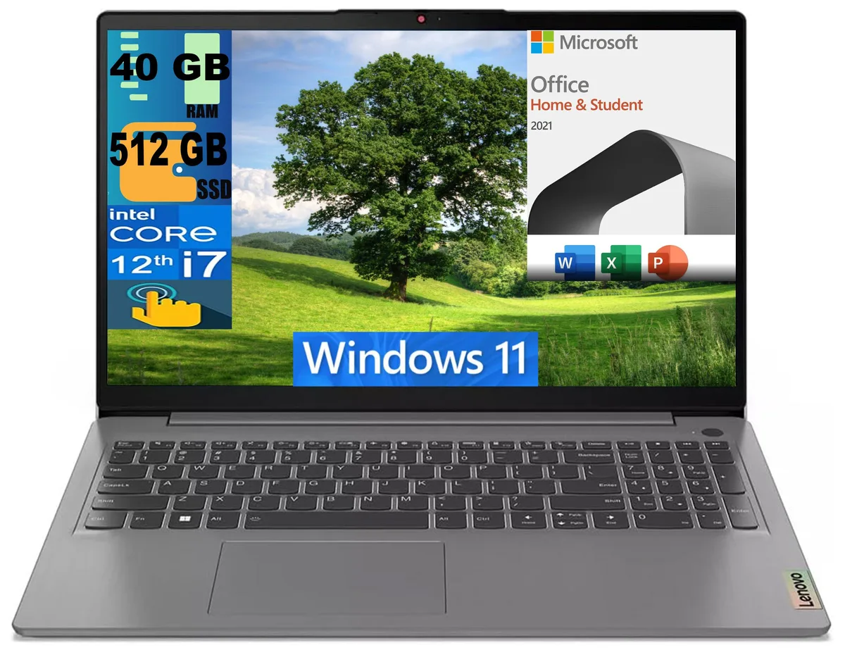 Grey 15.6-inch laptop with thin-bezel touchscreen, full-size backlit keyboard and fingerprint reader