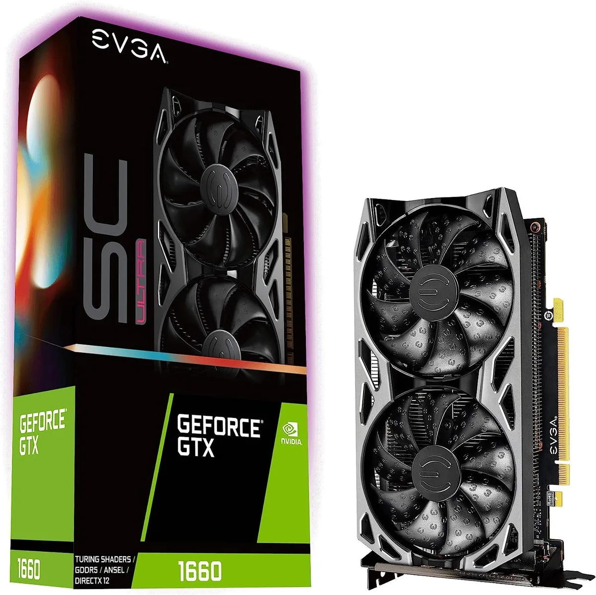 EVGA GeForce GTX 1660 SC ULTRA GAMING dual-fan graphics card with metal backplate