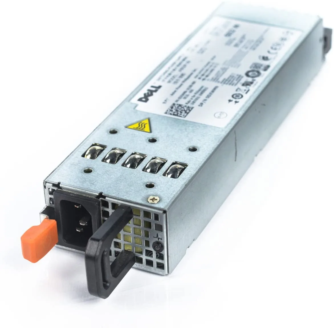 Silver rectangular server power supply unit with Dell label and ventilation grille