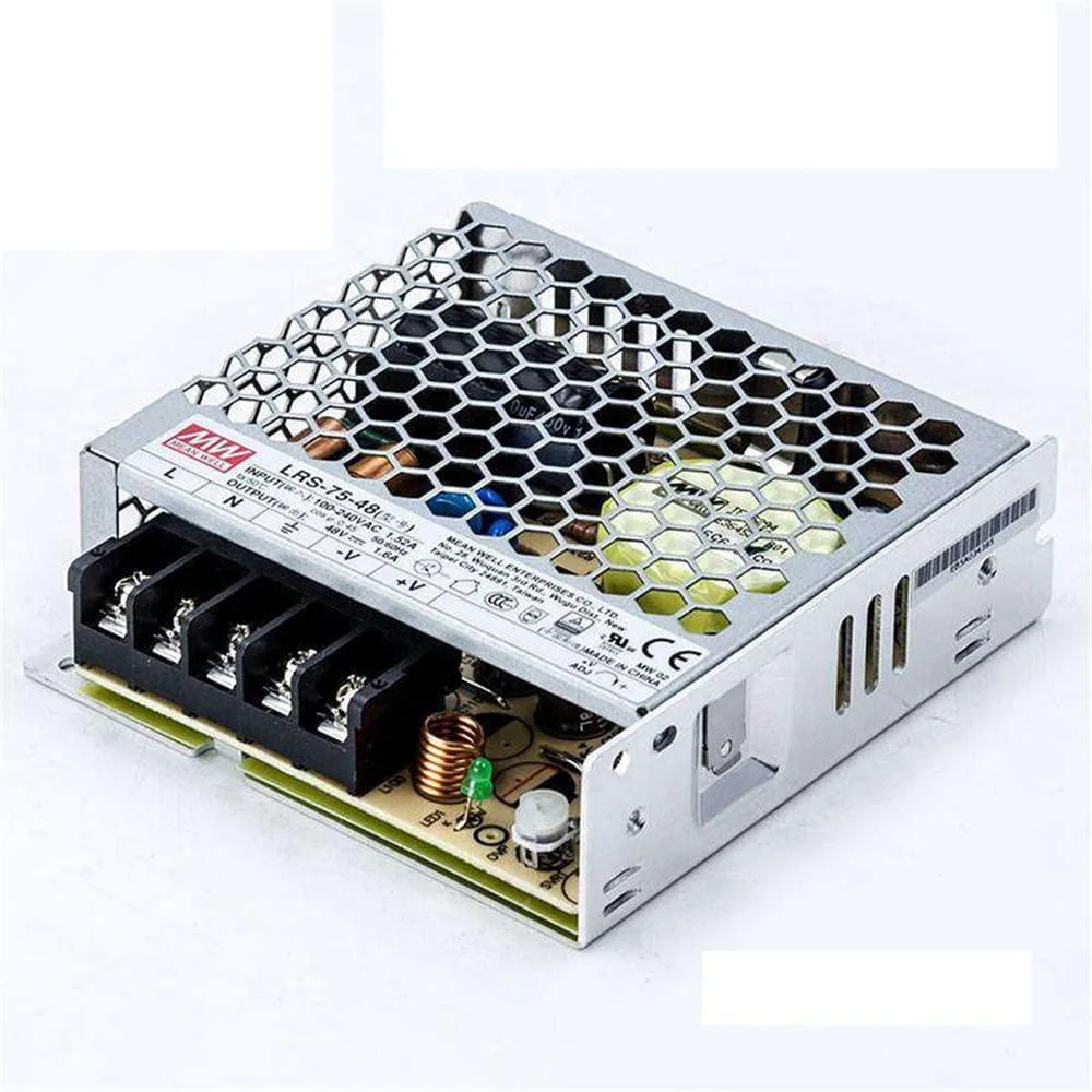 Rectangular enclosed metal power supply unit with screw terminals and LED indicator