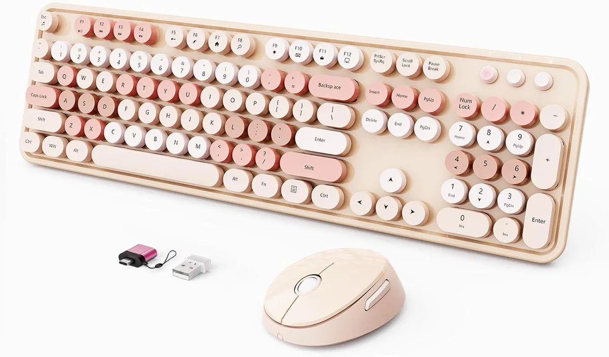 Chocolate-coloured full-size wireless keyboard with round retro keycaps and matching ergonomic mouse
