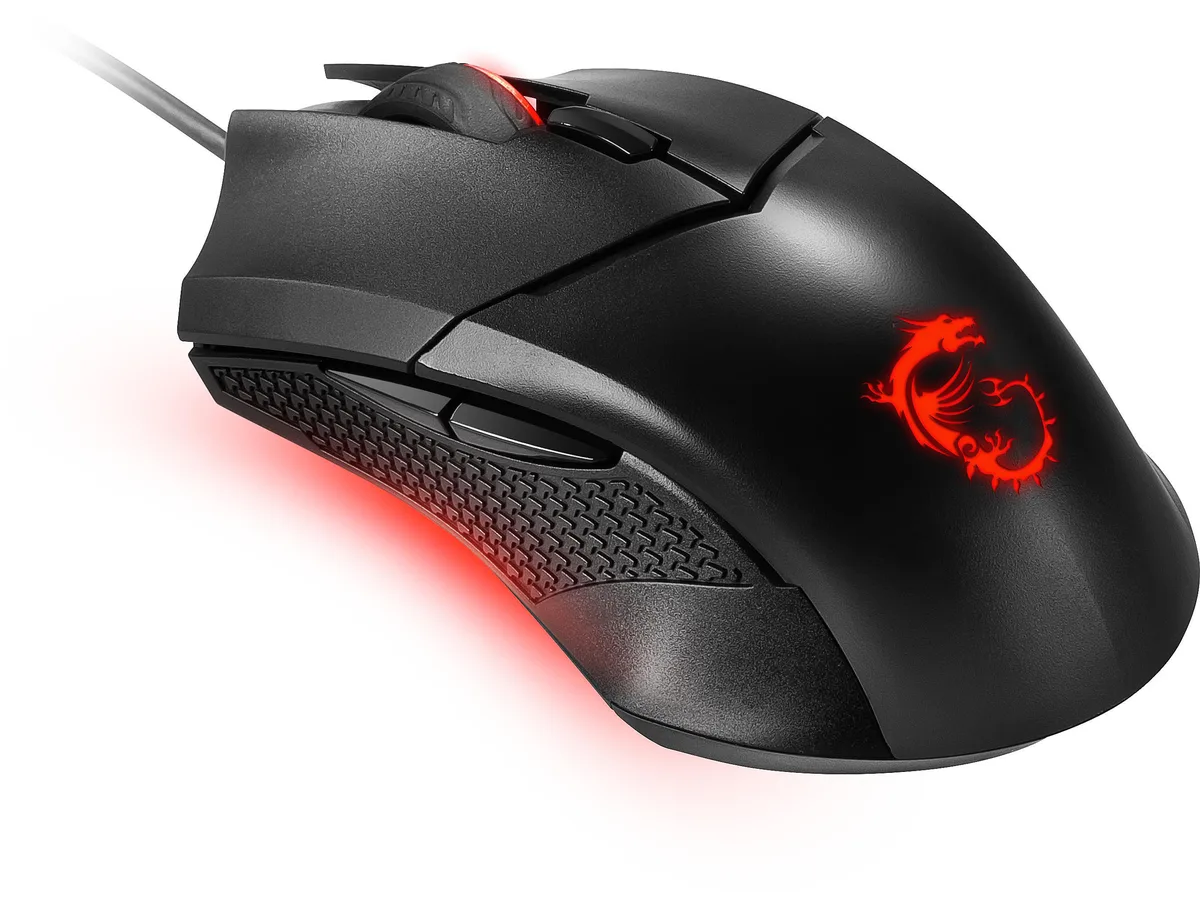 Black wired gaming mouse with symmetrical shape, red LED lighting, dragon scale side grips and polygonal side buttons