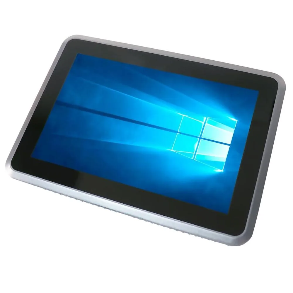 Compact 10.1-inch industrial all-in-one panel PC with flat IP65 front, aluminium fanless chassis and capacitive multi-touch screen