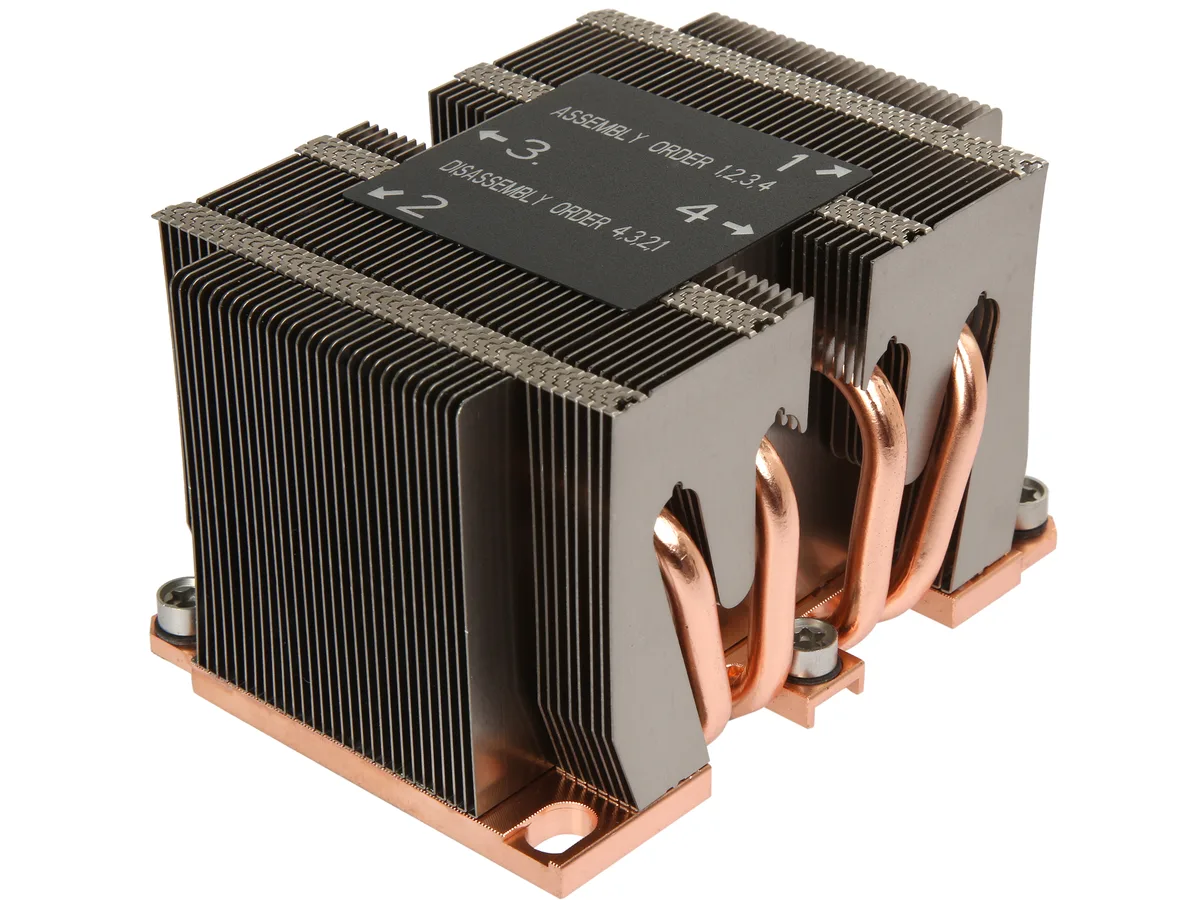 Compact silver fin stack on copper base, four embedded heat pipes, low-profile rectangular block