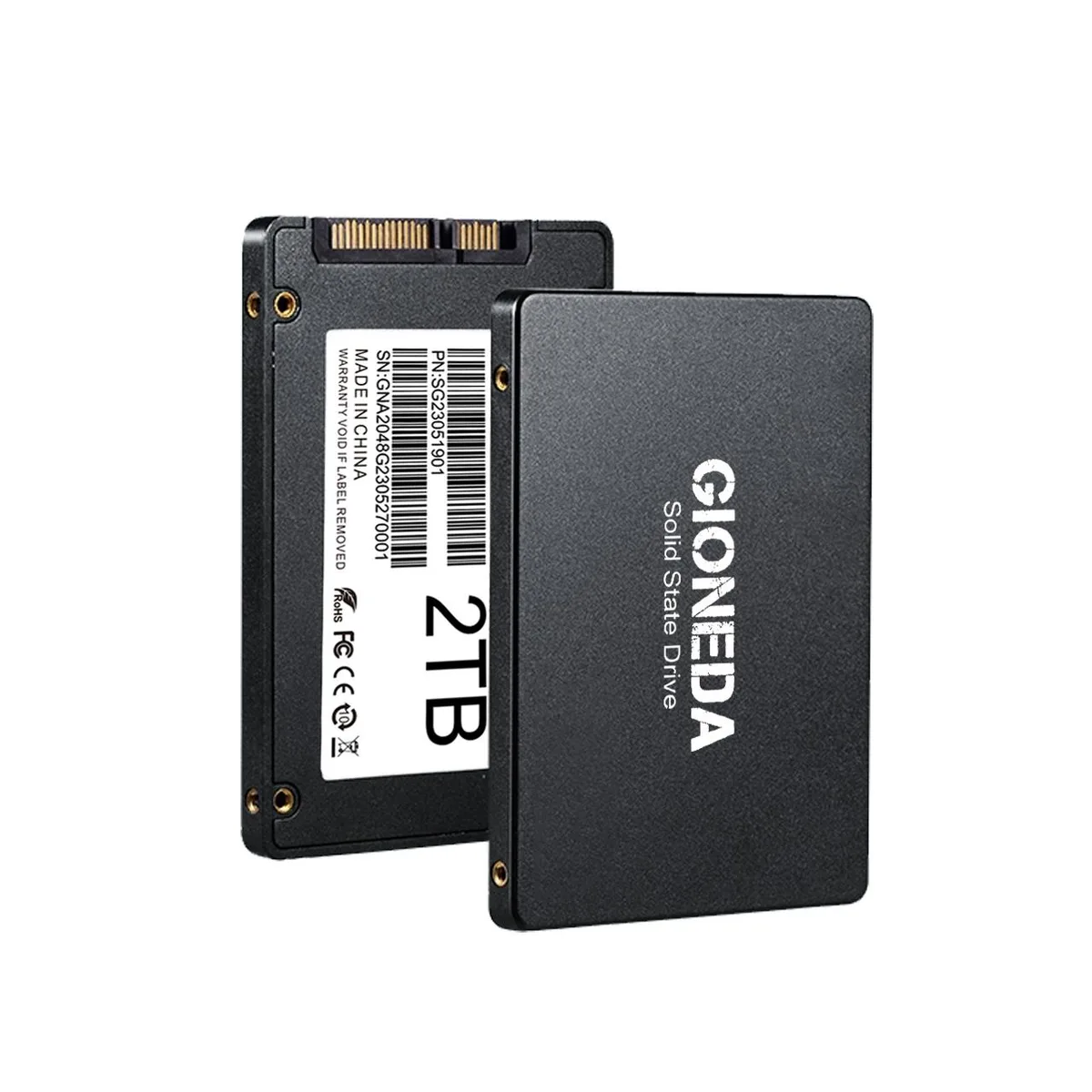 Black 2.5 inch SATA SSD with label showing 2TB capacity