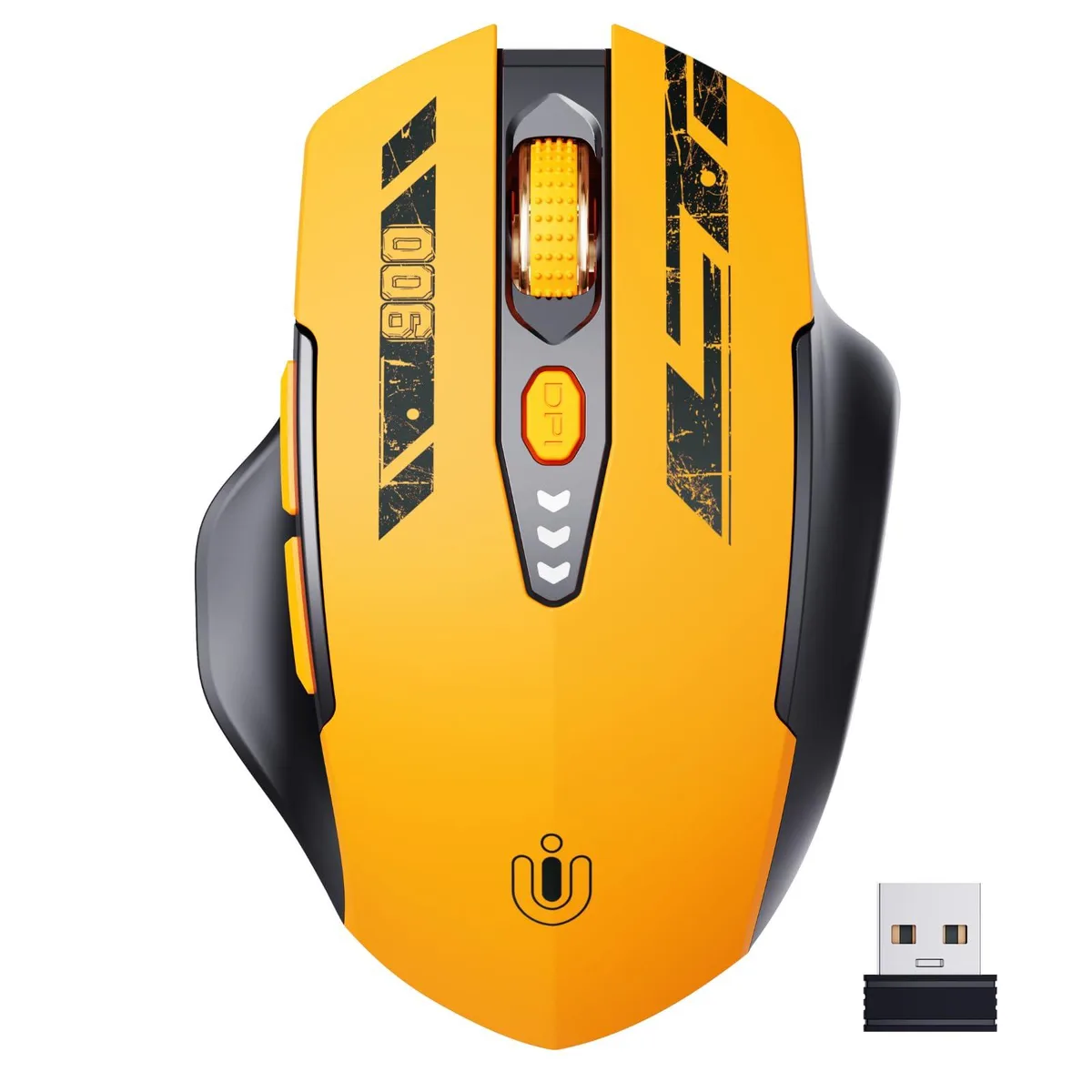 Yellow ergonomic gaming mouse, right-handed shape, visible battery indicator, 16 buttons, 2.4GHz wireless with nano receiver
