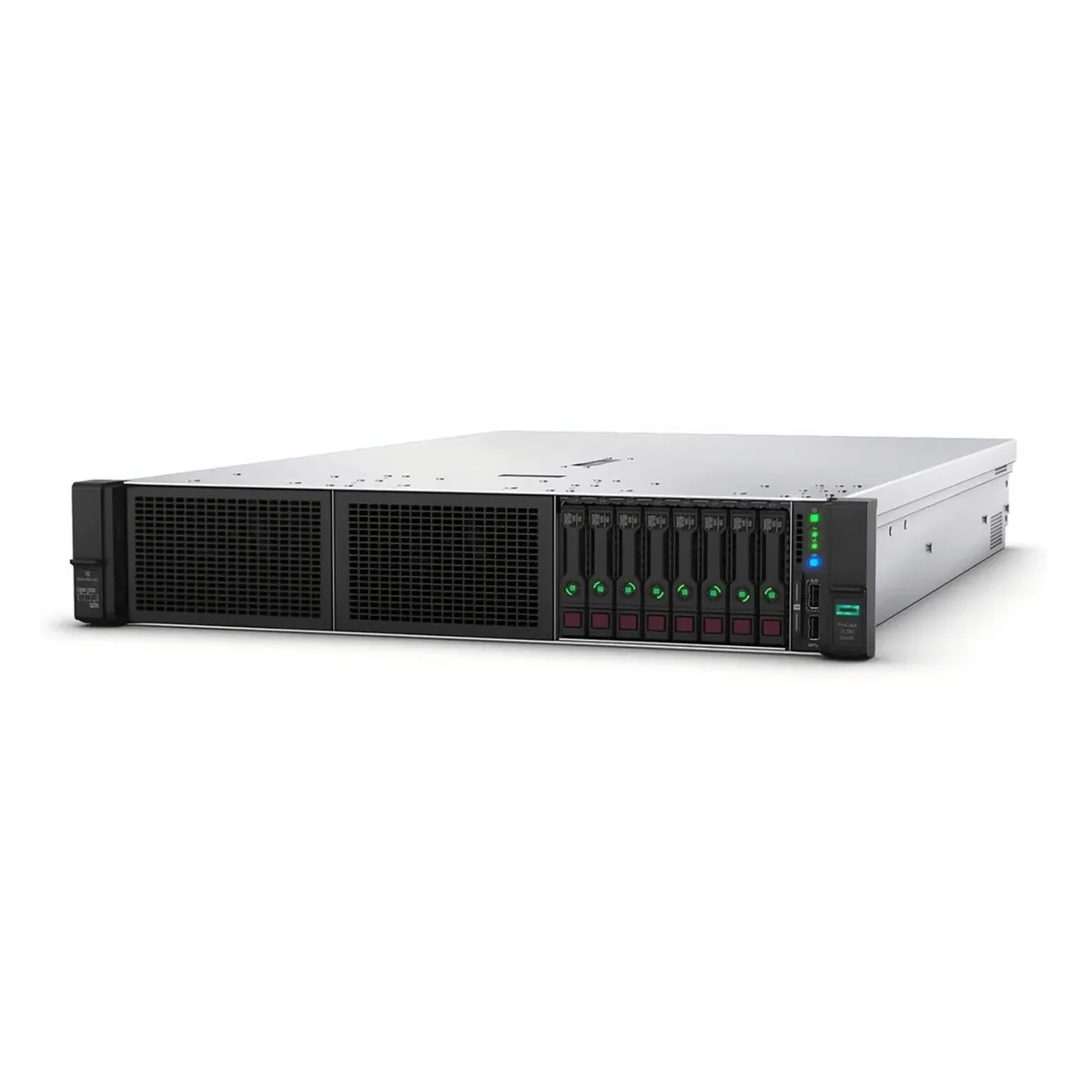 Silver 2U rack server with eight 2.5 inch drive bays and front status LEDs