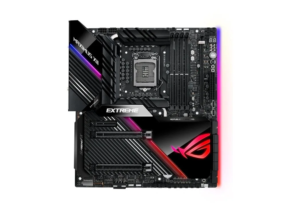 Large rectangular E-ATX motherboard dark finish metal heatsinks visible LGA 1200 socket DDR4 slots SATA ports rear I/O shield included