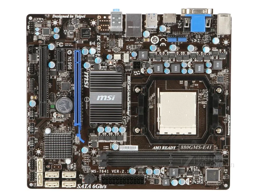 Green rectangular micro-ATX motherboard with silver ports and black slots