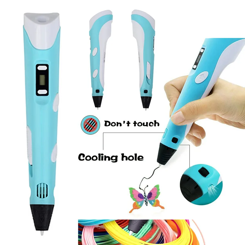 Blue 3D printing pen with USB cable and filament refills
