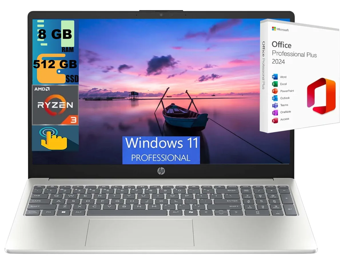 HP HP 15 laptop AMD Ryzen 3 7320U 8GB 512GB SSD 15.6" HD Touchscreen Windows 11 Pro — product photo