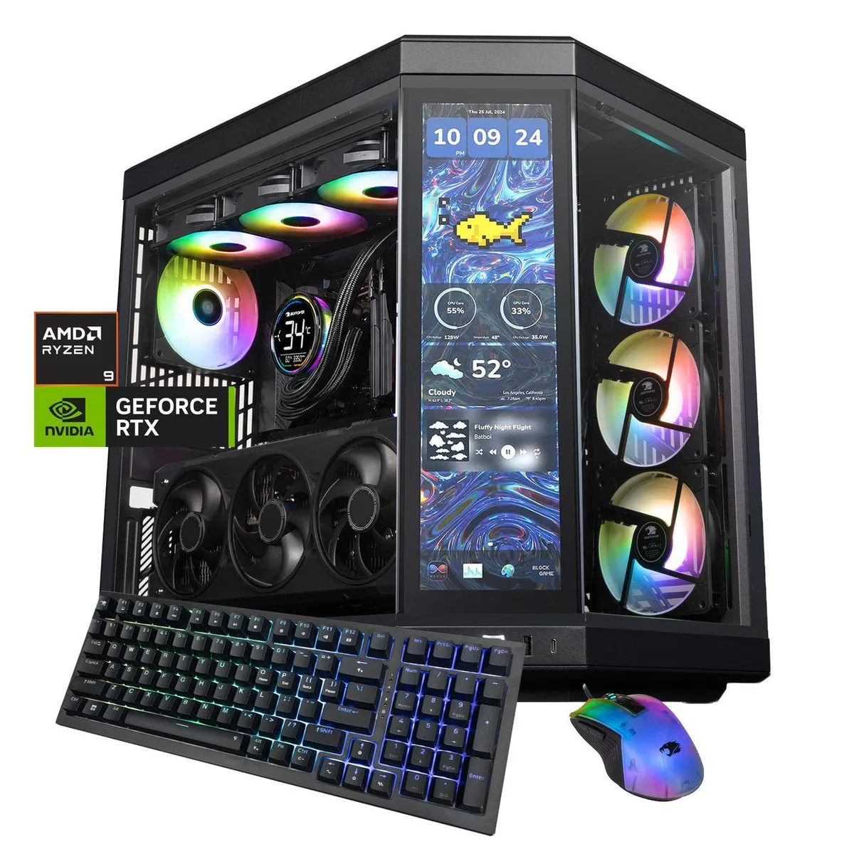 Black mid-tower desktop with front touchscreen panel