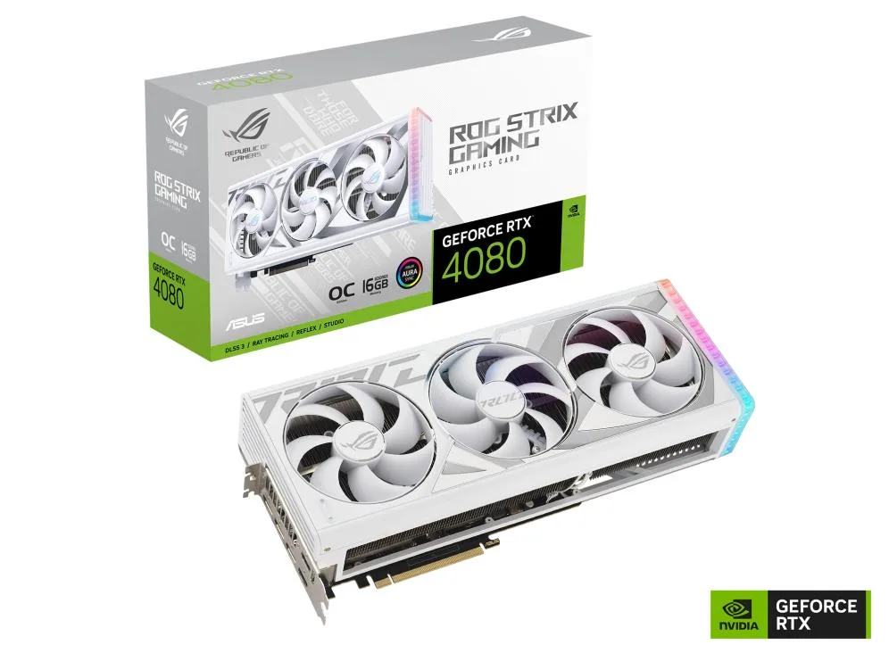 White triple-fan graphics card with die-cast shroud and backplate, 3.5-slot thickness