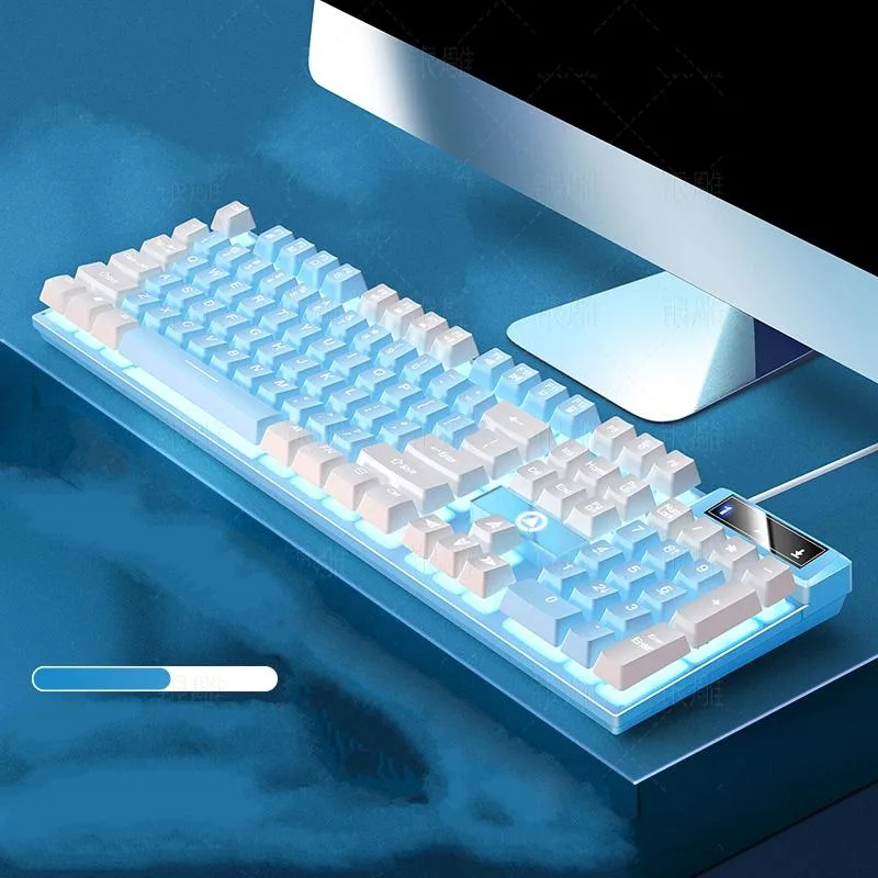 Blue full-size wired gaming keyboard with white backlighting