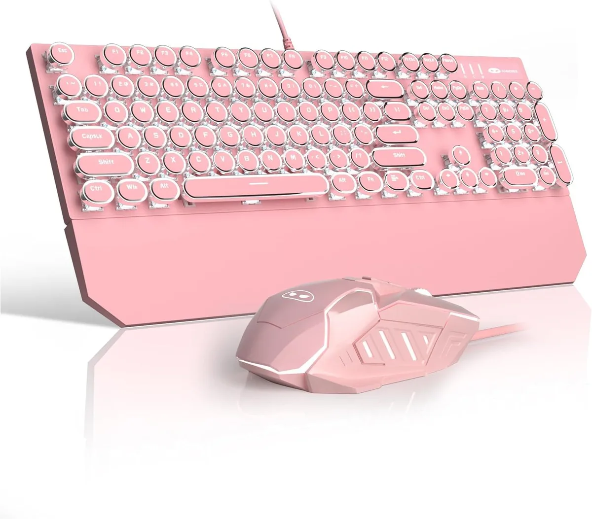 Pink typewriter-style keyboard with round keycaps and matching ergonomic mouse with scroll wheel