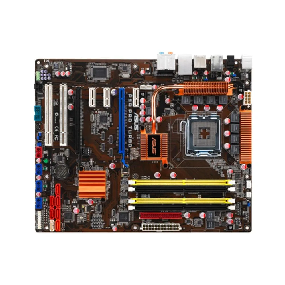 ATX motherboard with LGA 775 socket, Intel P45 chipset, DDR2 slots, metallic finish