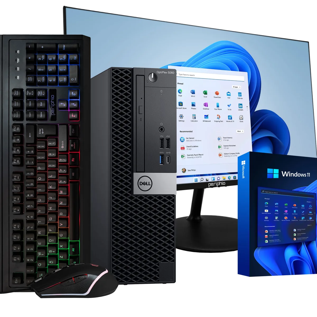 Black Dell OptiPlex 5060 desktop tower with 24 inch 1080p monitor, RGB keyboard and mouse
