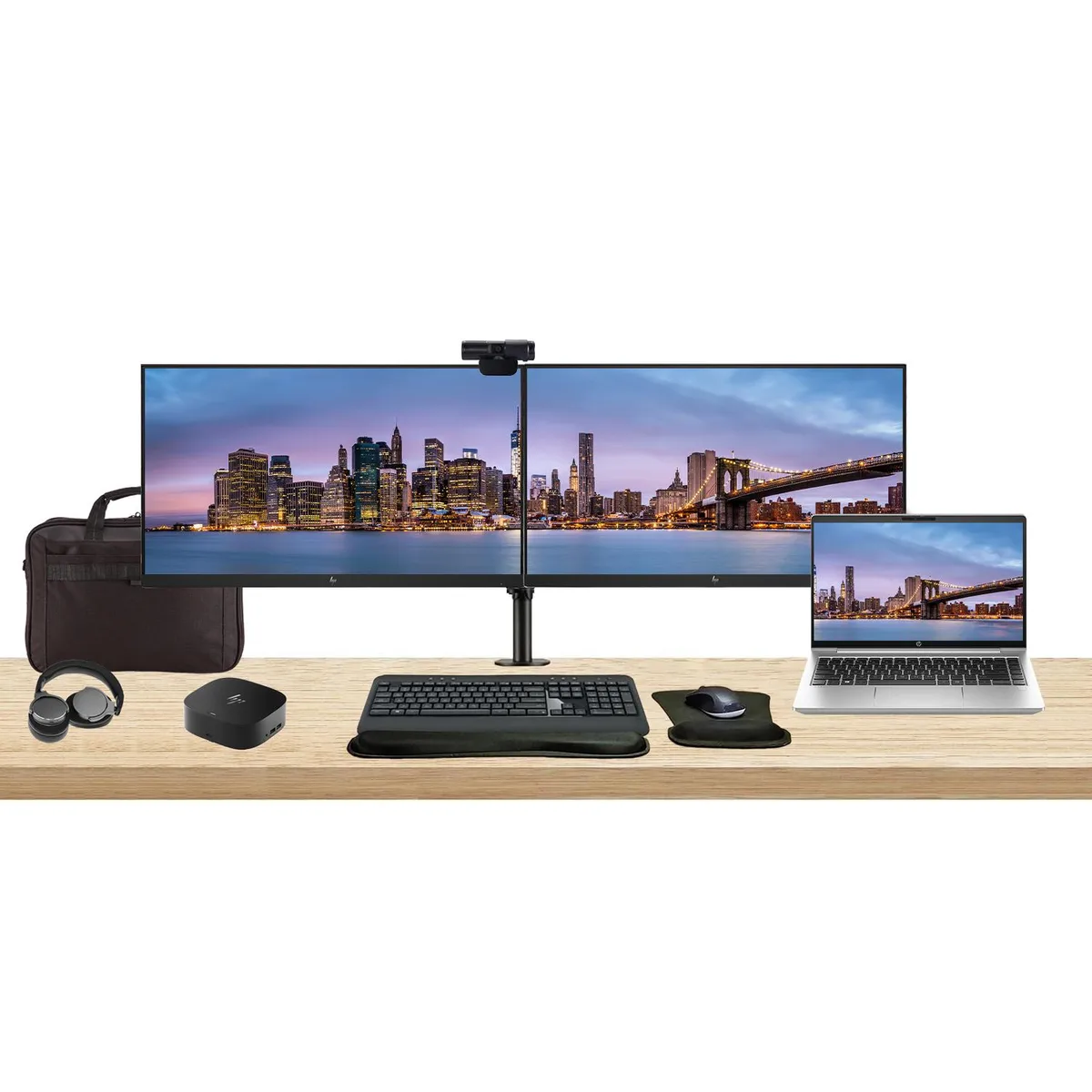 HP ProBook 440 G10 laptop with two 24 inch monitors on dual stand, dock, keyboard, mouse, webcam, headphones, bag