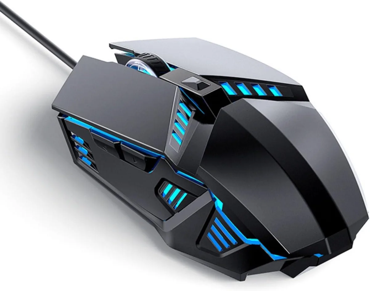 Black wired gaming mouse with six buttons and LED breathing lights