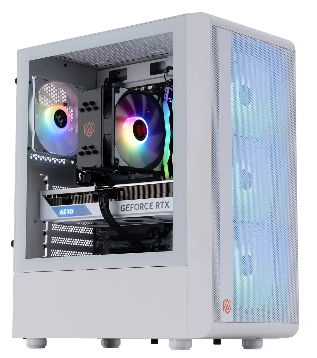 White mid-tower gaming desktop with RGB-lit interior visible through glass side panel