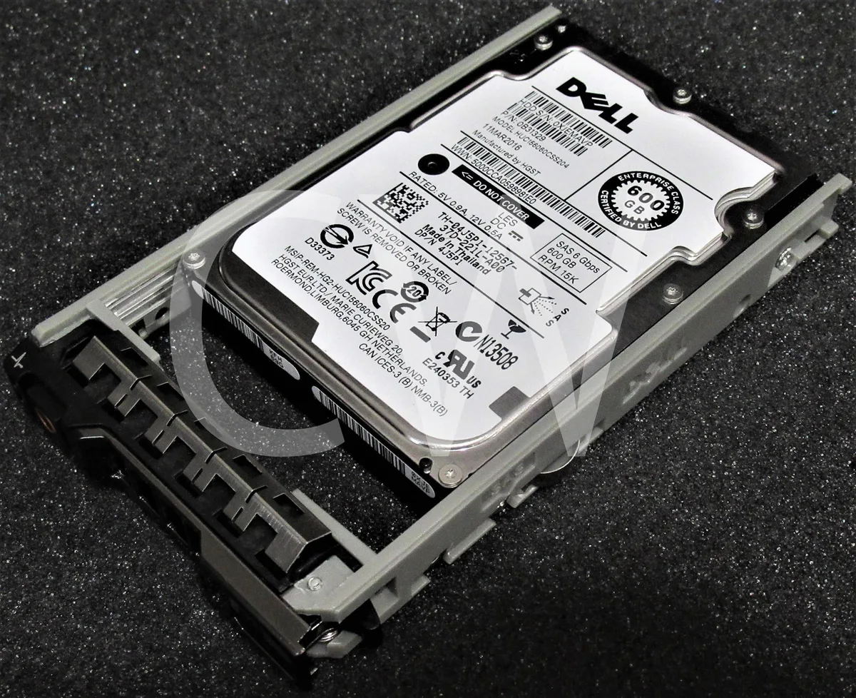 Small silver 2.5 inch SAS hard drive in black Dell R series caddy tray