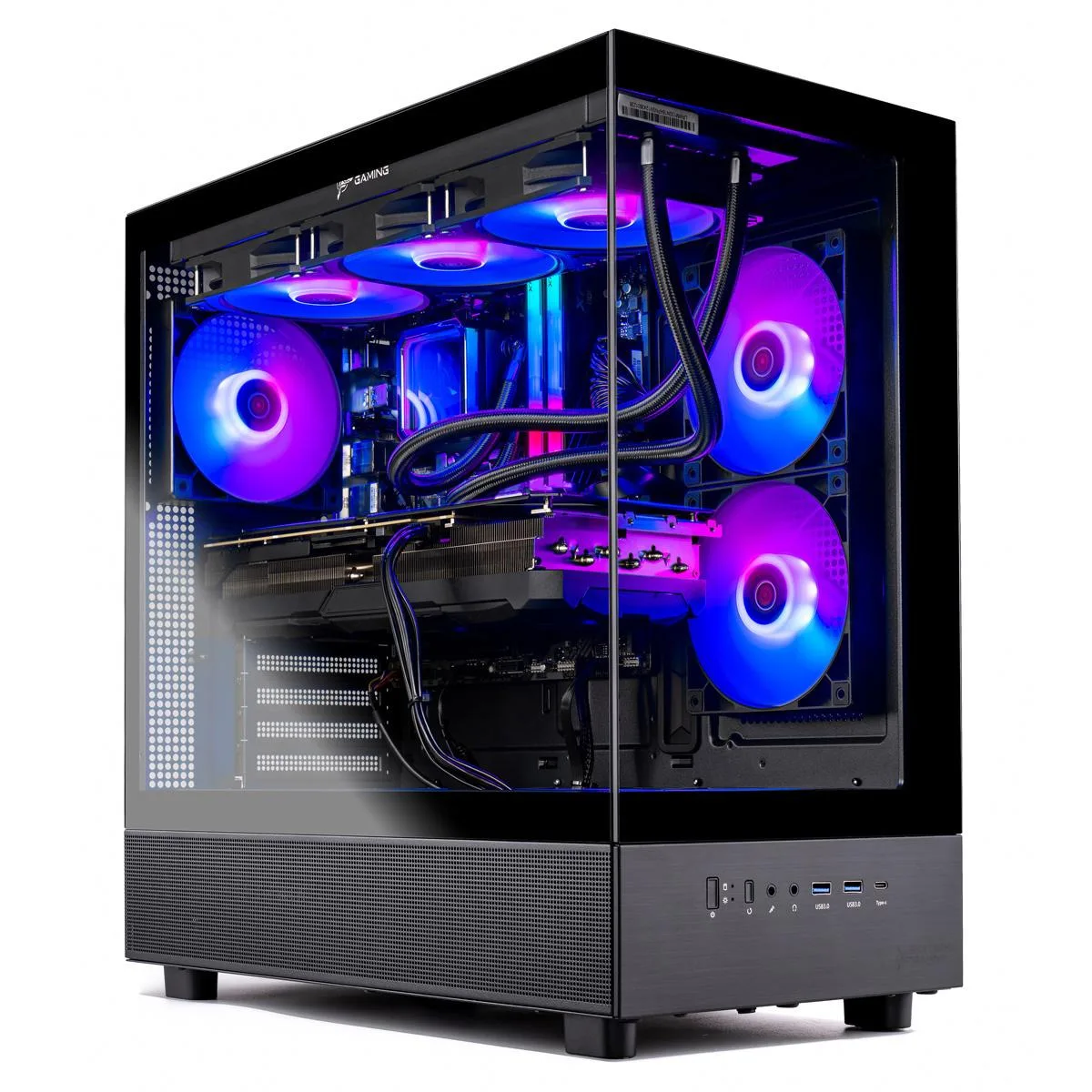 Black mid-tower gaming desktop with ARGB liquid cooler visible through tempered glass side panel