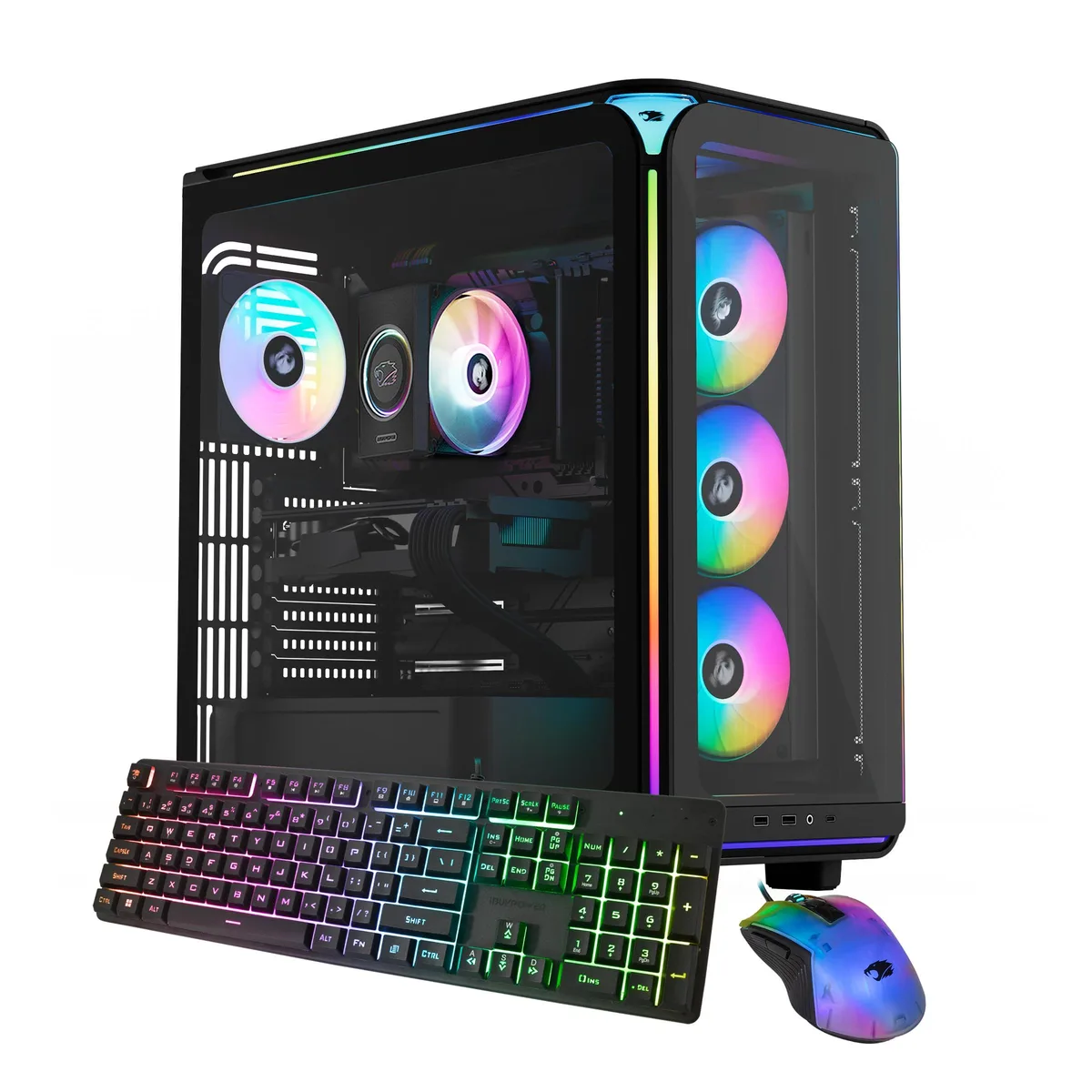 Black mid-tower gaming desktop with RGB fans and included keyboard mouse