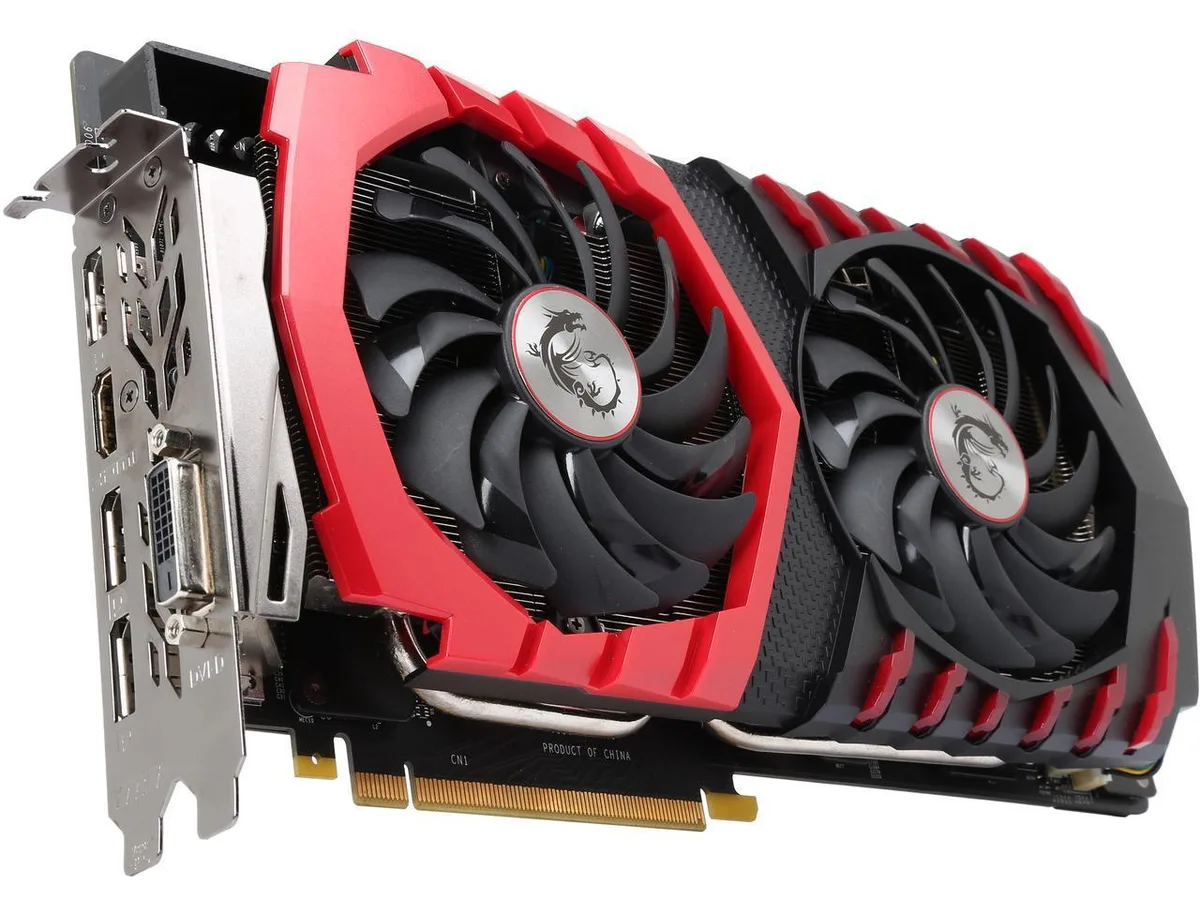 MSI GeForce GTX 1070 GAMING X 8G graphics card with dual-fan cooler in black and silver finish