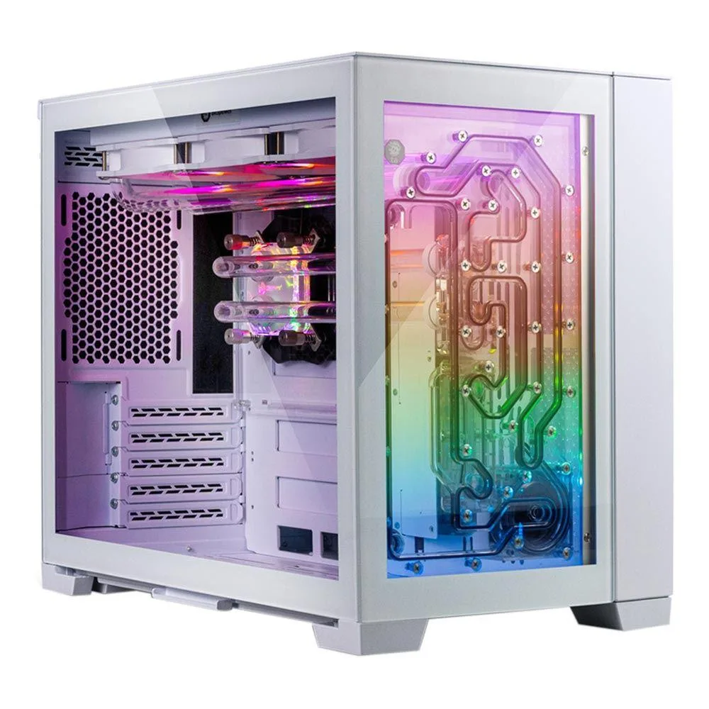 White tempered glass mini-tower with custom water-cooling and RGB lighting