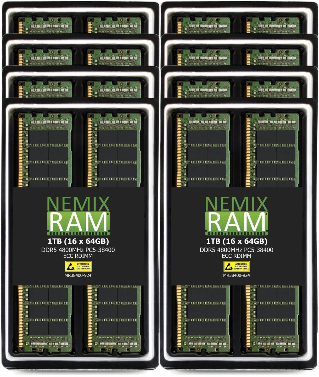 Sixteen green DDR5 RDIMM modules in a row