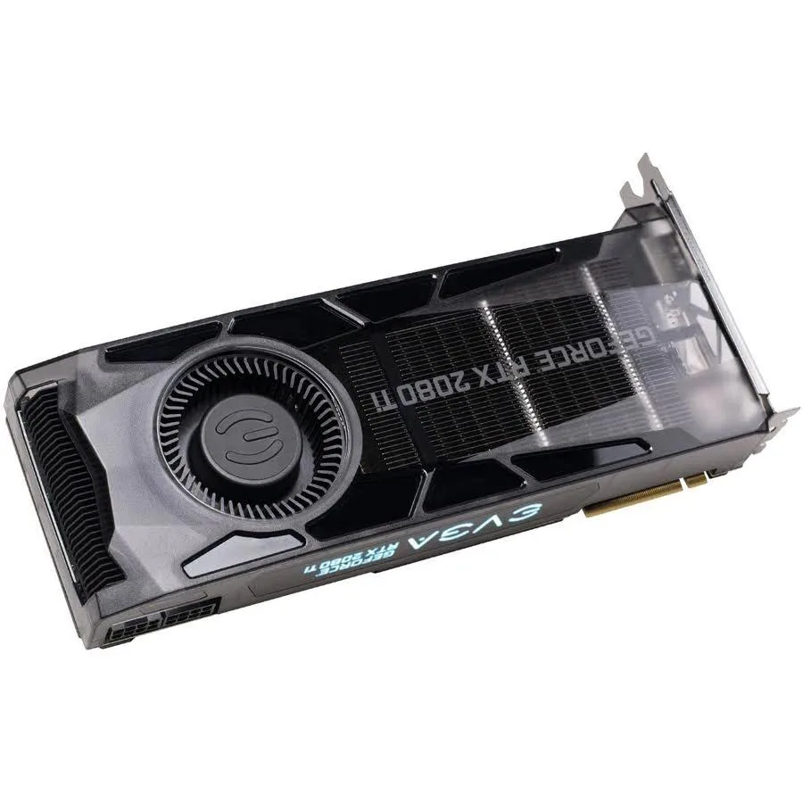 EVGA GeForce RTX 2080 Ti blower graphics card with silver shroud and metal backplate