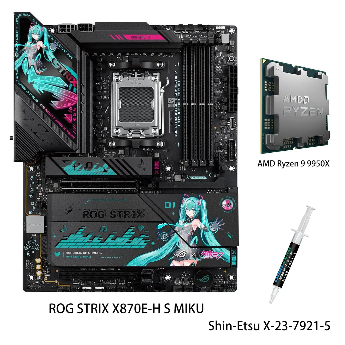 ASUS ROG STRIX X870E-H S MIKU motherboard and Ryzen 9 9950X CPU combo