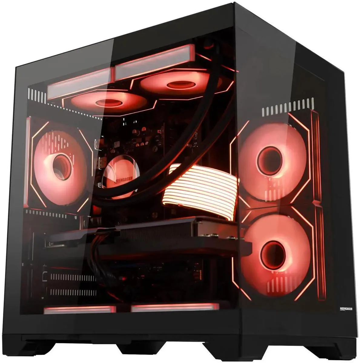 Black mid-tower gaming desktop with ARGB liquid cooling visible through side panel