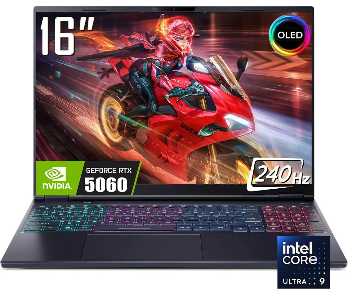 Black 16 inch gaming laptop with OLED screen and RGB keyboard