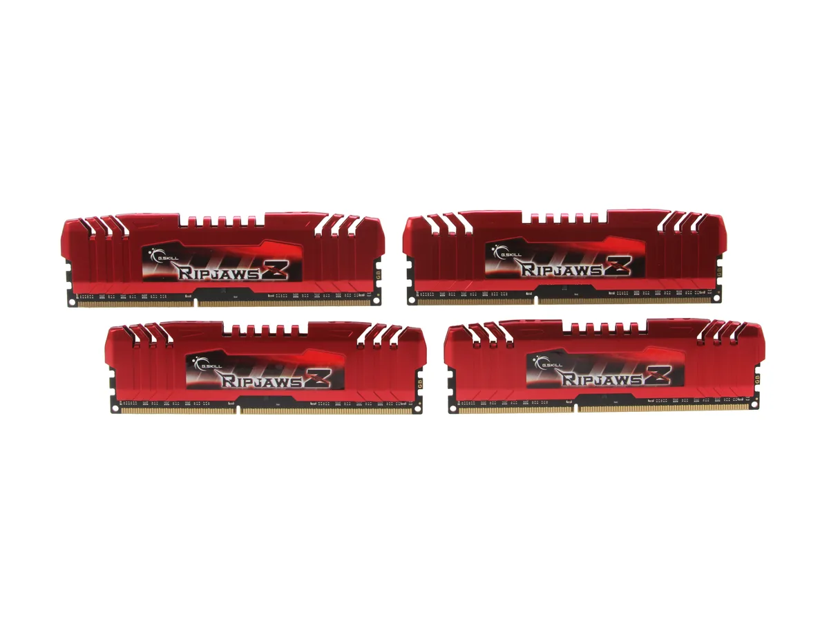 Four red DDR3 modules with heat spreaders