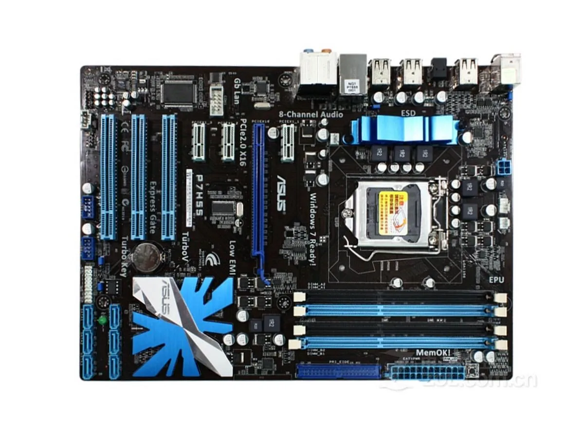 Green ATX motherboard with silver LGA 1156 socket and black DDR3 slots