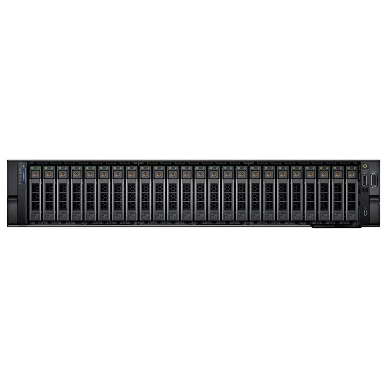 Silver 2U rack server with 24 front drive bays, front bezel, and sliding rails