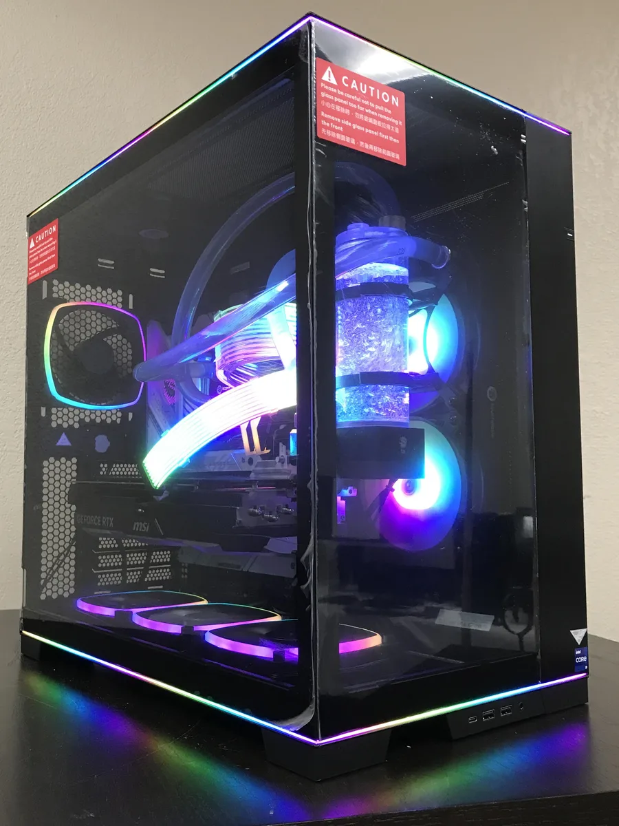 White mid-tower case with tempered glass panels and RGB lighting