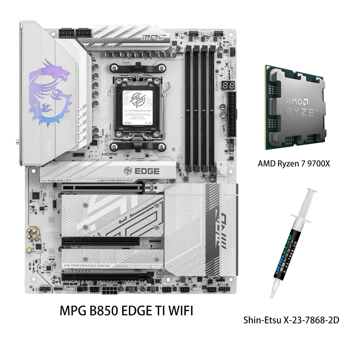 MSI MSI MPG B850 EDGE TI WIFI White AMD motherboard & Ryzen 7 9700X CPU combo — product photo