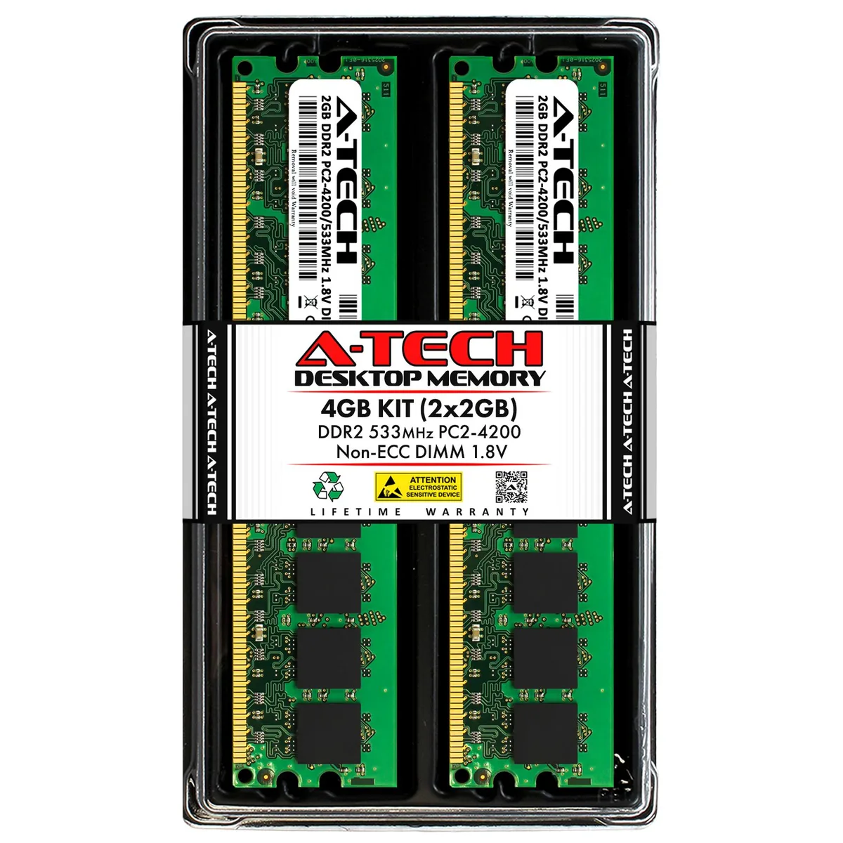 Two green DDR2 DIMM sticks with black chips, 240-pin gold contacts, 1.8V label