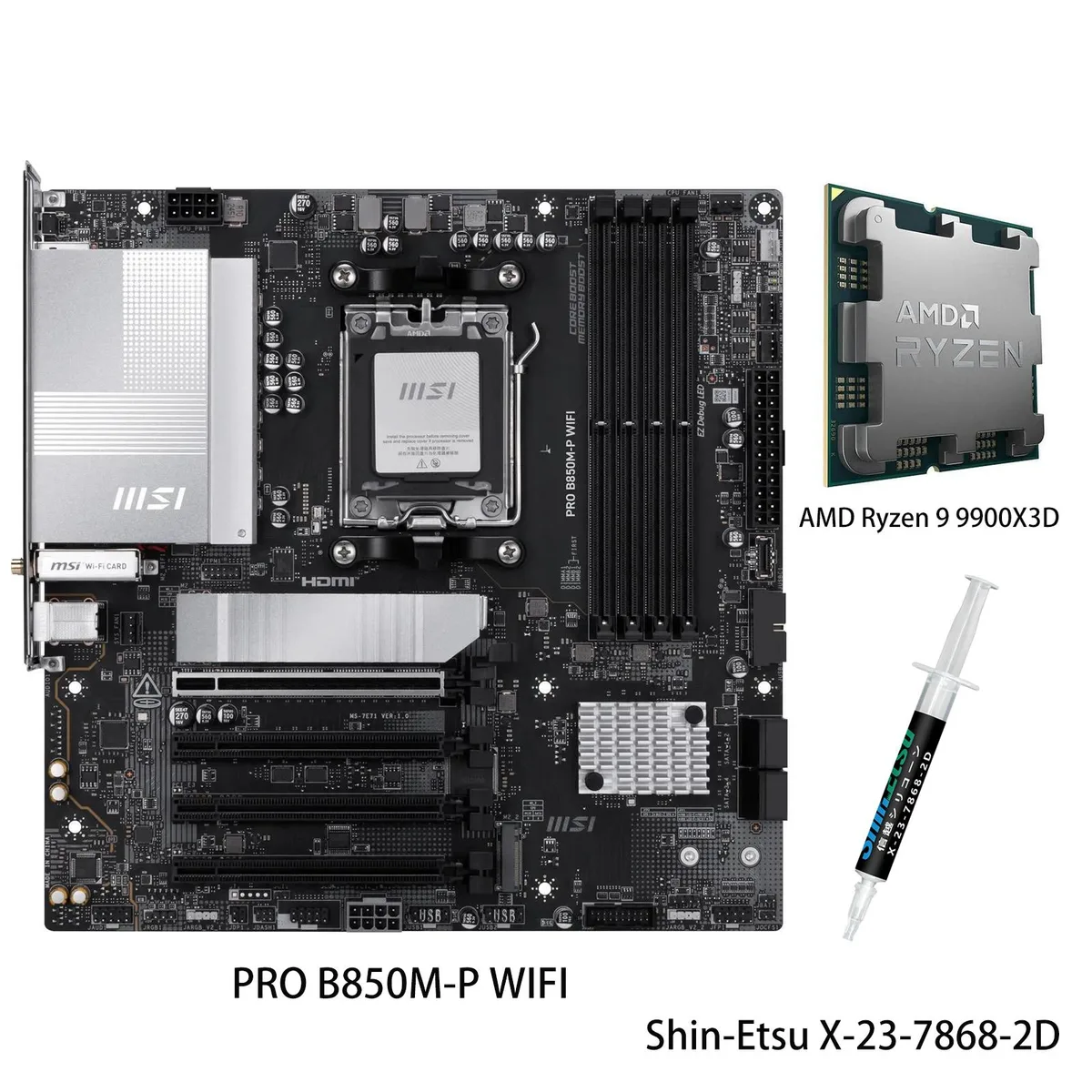 MSI PRO B850M-P WIFI motherboard and Ryzen 9 9900X3D processor combo in micro-ATX layout