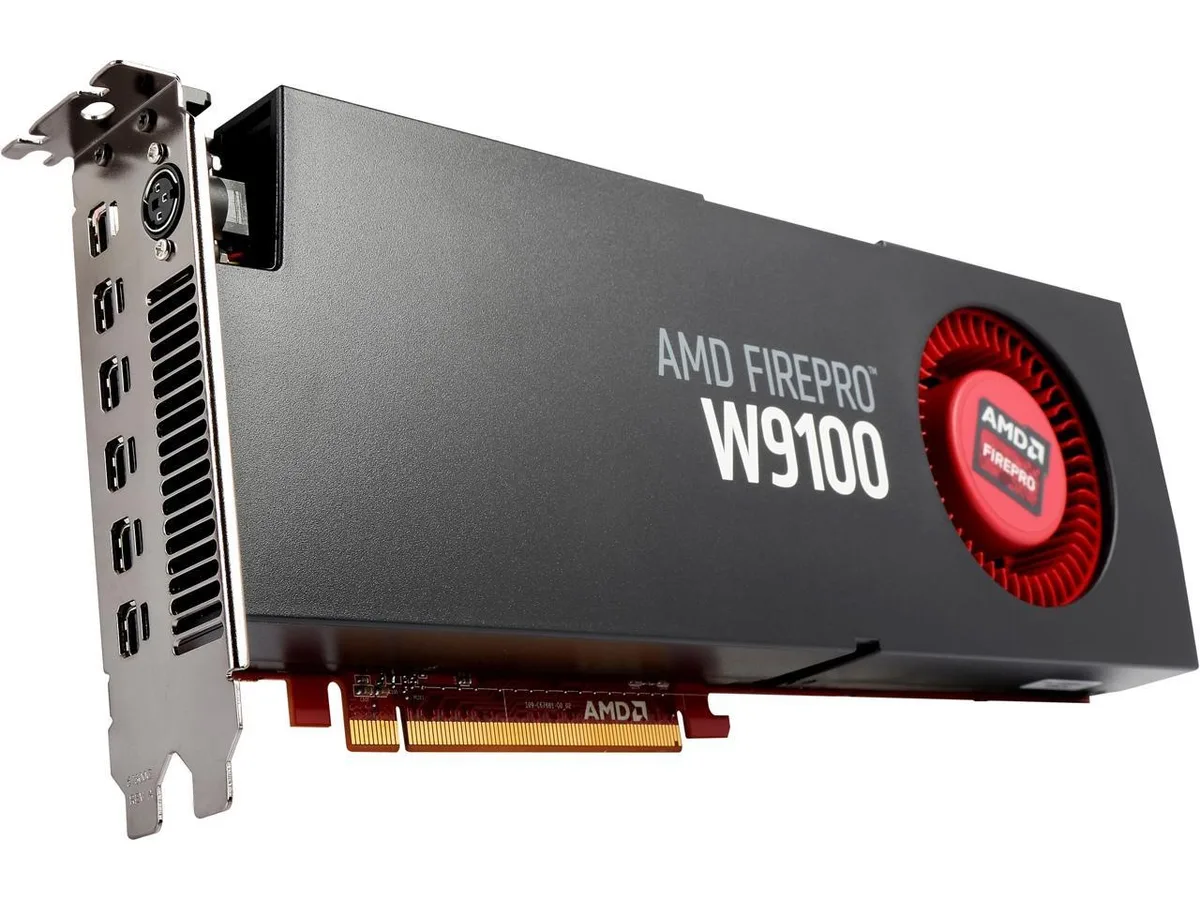 AMD FirePro W9100 16GB single-fan graphics card in anti-static bag