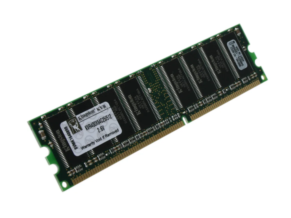 Green circuit board with black memory chips and gold edge connector