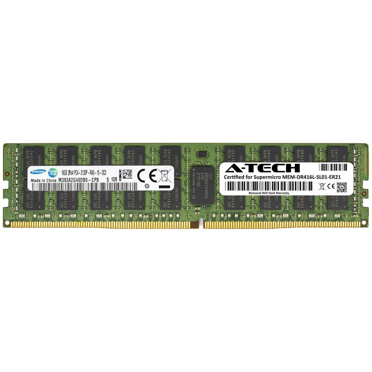 Green rectangular DDR4 RDIMM with black chips and gold contacts