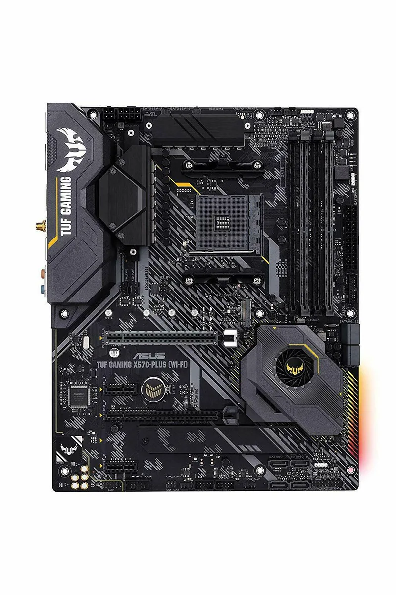 ATX motherboard in matte black with grey heatsinks and yellow accents