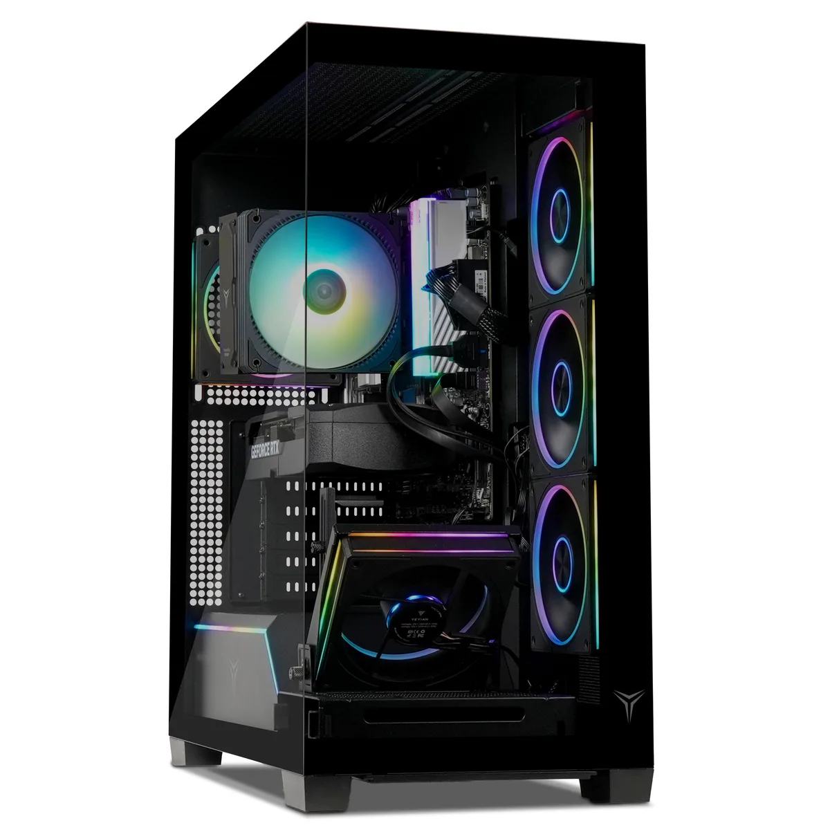 Black full-tower gaming desktop with RGB memory and included keyboard and mouse