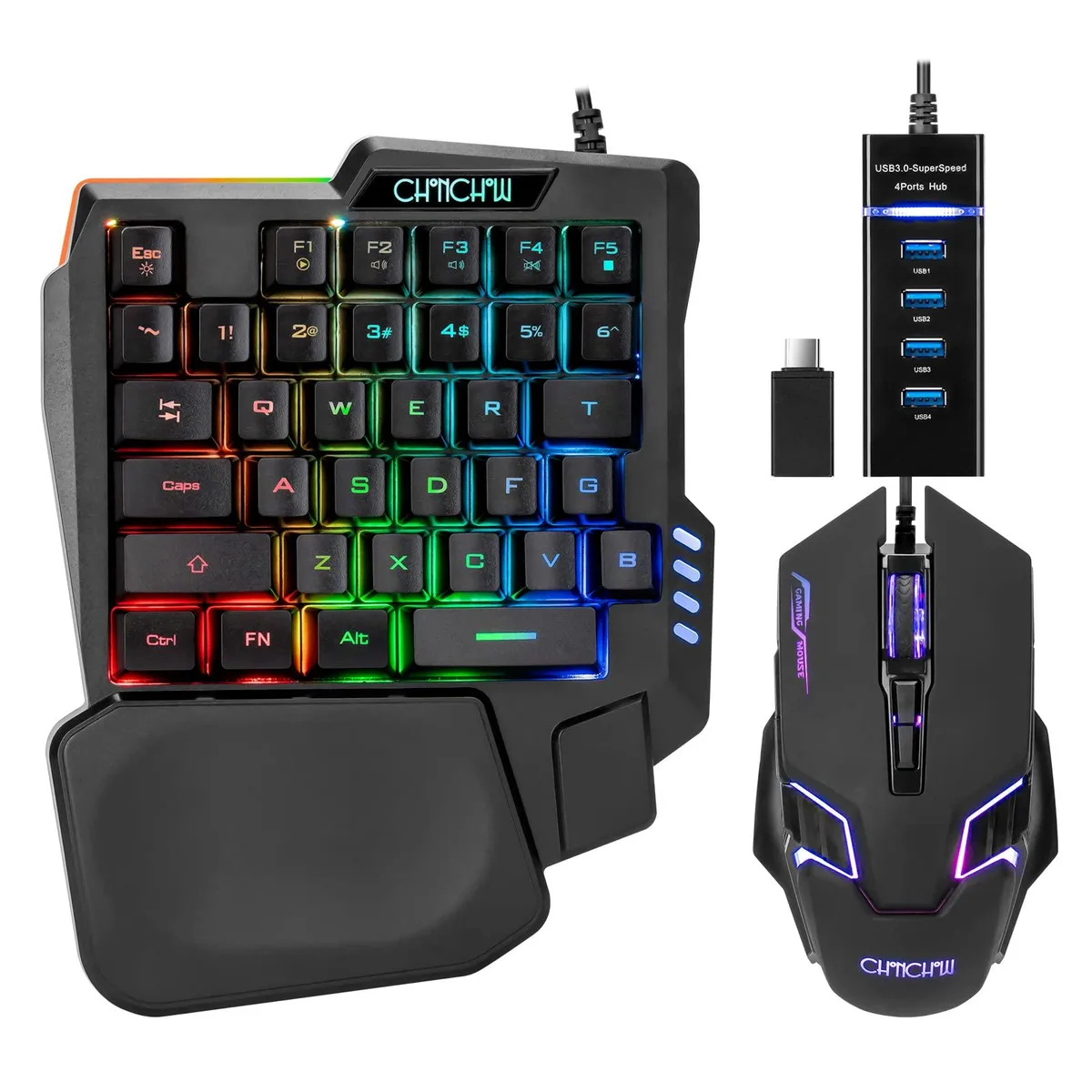 Compact one-handed RGB keyboard with wrist rest, ergonomic mouse and USB hub